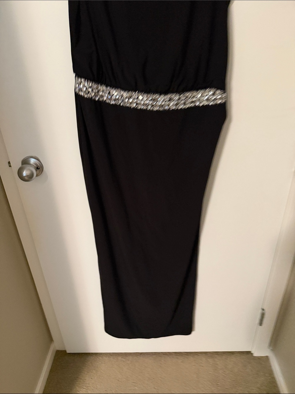 Cachet Black Midi Dress with Crystal-Embellished Waist